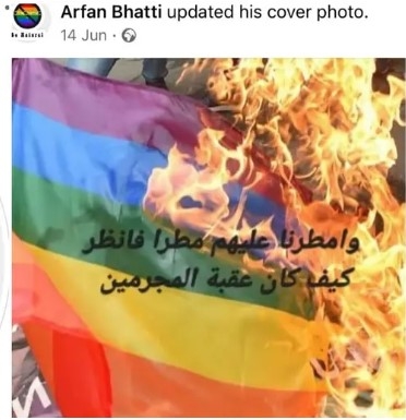 A social media post showing a burning flag and a call to kill homosexuals.